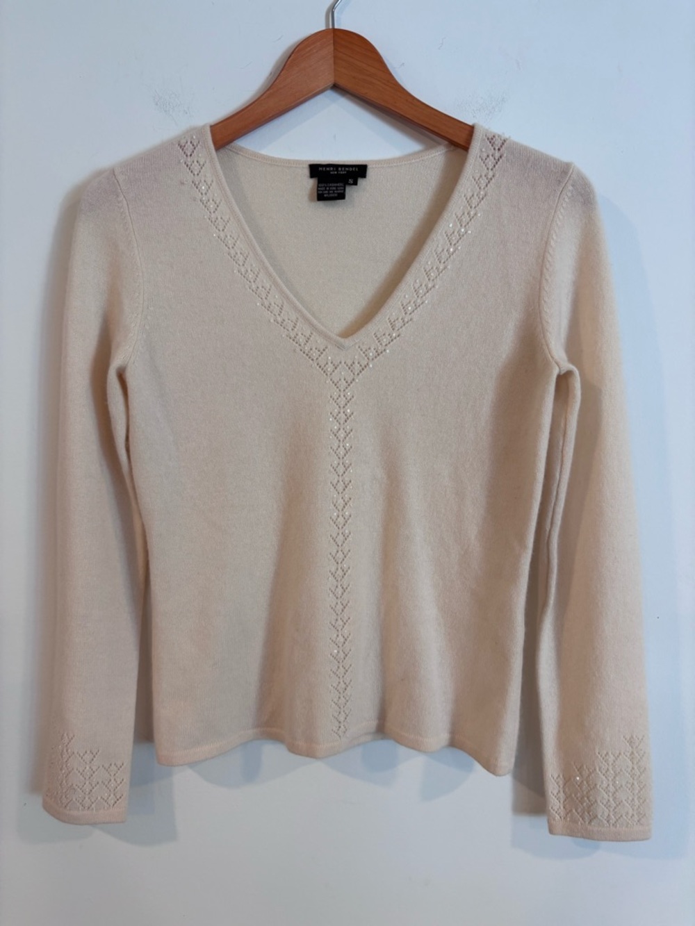 Henri Bendel 100% Cashmere Sweater V Neck Cream Knit Womens Small